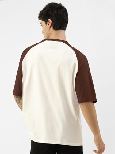 Image of Veirdo 100% Pure Cotton Oversized Loose Baggy Fit Drop Shoulder Round Neck Cool Front Chest Typographic Logo Printed Raglan Sleeve T-Shirt for Men (Colors: White, Black, Swanwhite, Beige & Grey)