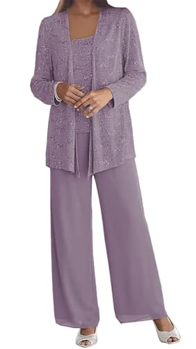 3 Pieces Dressy Pant Suits for Wedding Guest Chiffon Lace Mother of The Bride Pantsuits with Jackets - Main Image