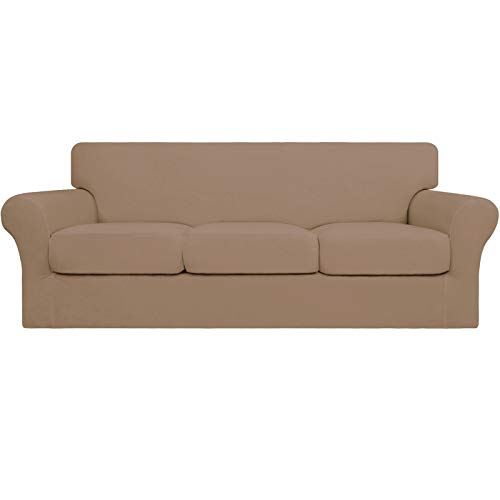 Image of Easy-Going 4 Pieces Stretch Sofa Cover for 3 Cushion Couch Washable | Sofa Slipcover for Stretch 3 Separate Sectional Cushion Couch - Furniture Protector for Pets, Kids Camel