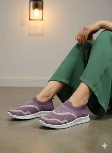 Image of Women's Slip-On Knit Sneakers, Purple Lightweight Casual Walking Shoes with White Sole