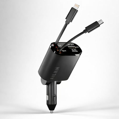 Image of 45W Fast Car Charger with 3-in-1 Cable | PD & QC Super Fast Charging | Type-C + USB-A Output | Supports Dash, Warp, VOOC |Compatible with Cars for iPhone & Android Smartphone (Retractable)