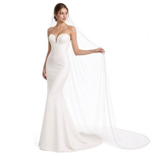 Wedding Veil with Pearls and Crystals, 1 Tier Fingertip Length