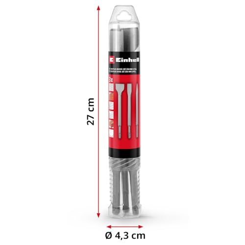 Original Einhell 3-tlg. SDS Plus Meißel-Set, 250 mm (mit Spitzmeißel, 20 mm breitem Flachmeißel, und 40 mm breitem Spatmeißel aus langlebigem 40Cr Stahl für Abbruch- und Renovierungsarbeiten)