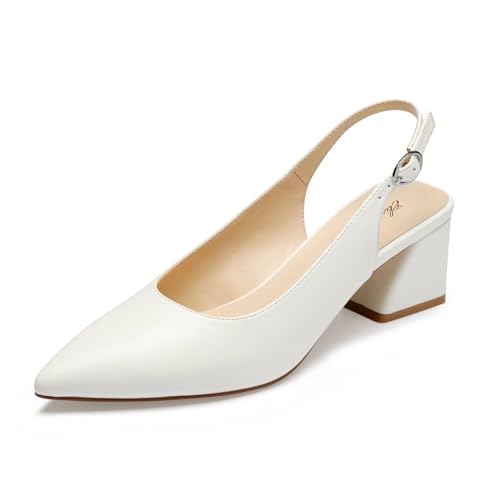 GENSHUO Zapatos de tacón Grueso de 6 cm con Punta Cerrada y Correa Trasera para Oficina, Bodas y Fiestas, Blanco, 36 EU