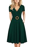 Women's Elegant Criss-Cross V Neck Vintage Short Sleeve Work Casual Party Swing Tea Dress with Pockets 980 (XL, Dark Green)