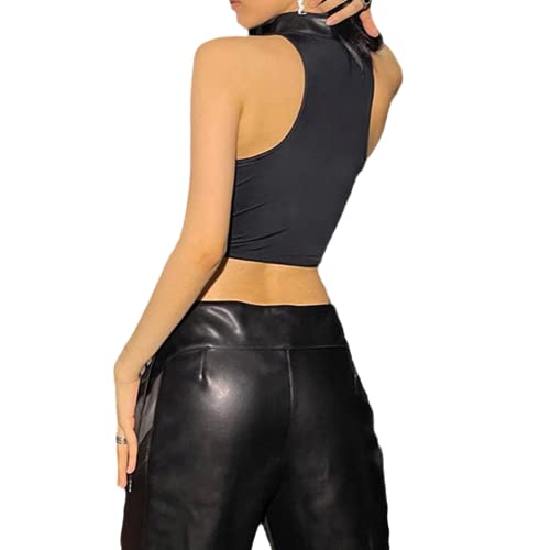 Gothic Leather Halter Cropped Tanks Sexy Split Bandage Backless Skinny Corset Top Punk Style Solid Black PU Vest Ladies3