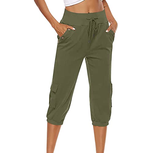 Sommerhose Damen Sommer Dünne Basic 3/4 Leggings mit Spitzenbesatz Capri Hose Freizeithose Stretch Stoffhose Stretch High Waist Sporthose Leggings Yogahose Blickdicht Laufhose(G A,XL)
