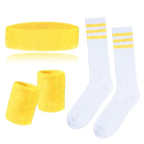 Sucrain 5 Pieces Striped Sweatbands and Socks Set, Sports Sweatbands Wrist Sweat Bands High Tube Socks 80s Accessories Costumes for Men Women (Yellow)