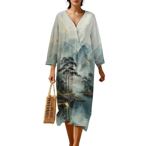 Yuresuaet Green Landscape Lightweight Linen Dress Women V-Neck Long Sleeve