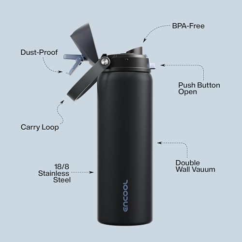 Image of ENCOOL Insulated Water Bottle with Straw Stainless Steel Water Bottle with Push Button Lid, Leak-Proof & BPA-Free, Keeps Cold for 24 Hours for Sports, Travel, Gym (32 oz, Tuna Grey-Silver)