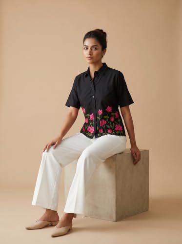 Image of Stylish Women's Embroidered Shirts | Geometric Pattern Half Sleeve Collared Button-Up Casual Shirt for Women