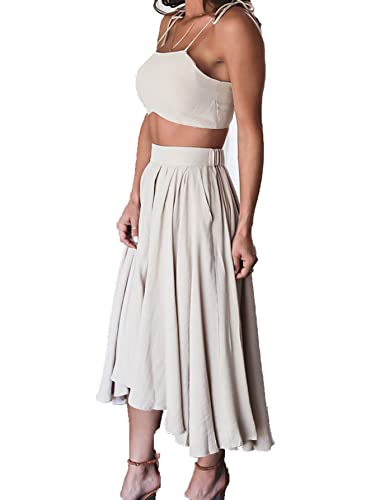 Lyaner Women's Two Pieces Croped Cami Top And Elastic Waist Midi Skirt Sets Beige# Small #TOP3