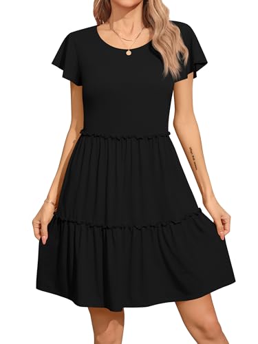 Missufe Damen Sommer Freizeitkleider Babydoll Flatterärmel Rundhals...
