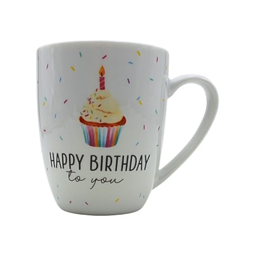 Dekohelden24 Tazza in Porcellana con Scritta Happy Birthday. Dimensioni (Altezza x Diametro): 9,8 x 8,2 cm, capacità 250 ml, Lavabile in lavastoviglie, 10cm