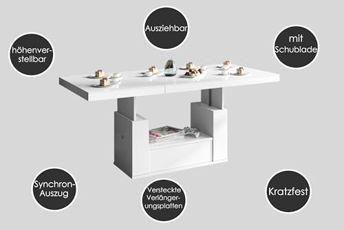 designimpex HM-111 Couchtisch Grau Hochglanz/Weiß Hochglanz ausziehbar höhenverstellbar 120/170cm Schublade modern Wohnzimmertisch Esstisch Beistelltisch Sofatisch platzsparend hochwertig Wohnzimmer – Bild 5