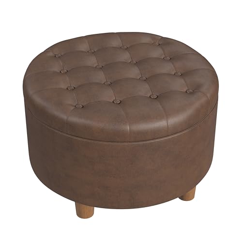 Image of HomePop 28 inch Button Round Storage Ottoman - Brown Faux Leather