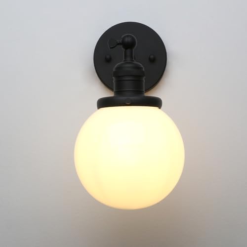 Image of Phansthy 1-Light Wall Sconce, Brass Boho Bathroom Vanity Light, Modern Wall Light with Globe Glass Shade E26 Base, Adjustable Wall Lighting Fixtures for Bedroom, Living Room (Black, White Shade)