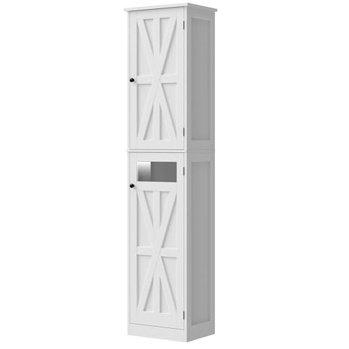 Image of Halitaa Tall Narrow Bathroom Storage Cabinet, Slim Bathroom Cabinet with Adjustable Shelves and 2 Doors, Farmhouse Freestanding Floor Storage for Small Spaces, Bathroom, Kitchen, Living Room, White