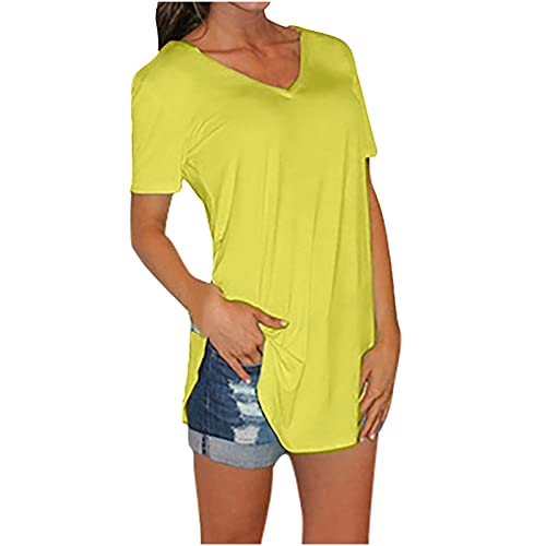 Longshirt Kurzarm Damen Sport Shirt Fitness T-Shirt vital, Einfarbig Funktionsshirt, V-Ausschnitt Atmungsaktiv Schnelltrocknendes Trainingsshirt (Gelb,L) Cover