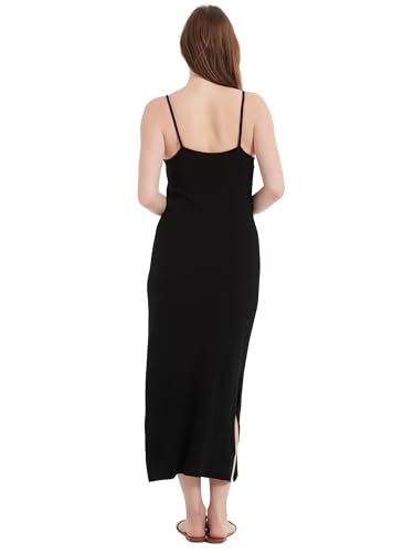 Image of 100% Merino Wool Women's Casual Sleeveless Boat Neck Spaghetti Strap Bodycon Maxi Dress Black Long Dresses