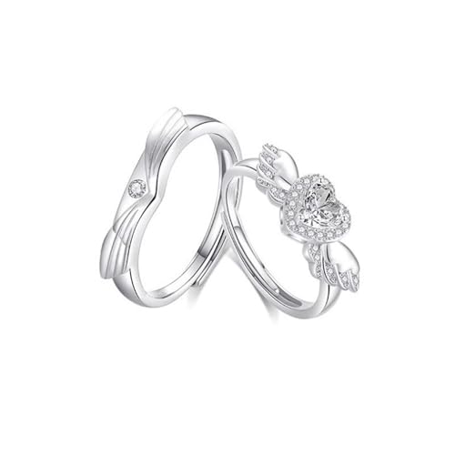 Bague alliance couple argent 925 ajustable halo coeur zircone