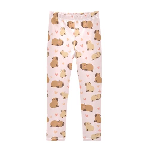 Cartoon Capybara with Hearts Pink Girls Leggings Soft Comfortable Athletic Leggings Dancing Pants for 4-10 Years