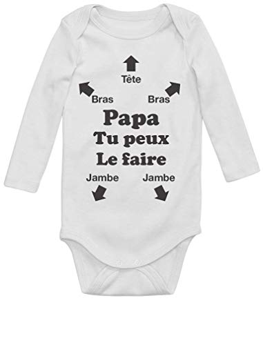 Green Turtle T-Shirts Papa Tu Peux Le Faire! Humour Cadeau fête des pères Cadeau Papa Body Bébé Manche Longue 6M Blanc