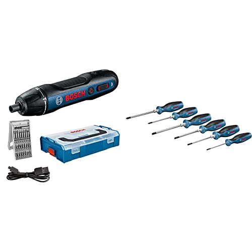 Bosch Professional Akkuschrauber Bosch GO (inkl. 25-tlg. Bit-Set, USB-Ladekabel, L-BOXX Mini) - Amazon Exclusive Set & 6 tlg. Schraubendreher Set (Kreuz- und Schlitzschraubenzieher)