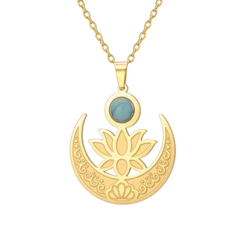 EUEAVAN Lotusblume Anhänger Halskette für Frauen Mondstein Neuanfang Meditation Charme Healing Buddha Inspirational Yoga Schmuck Geschenk (Silber)