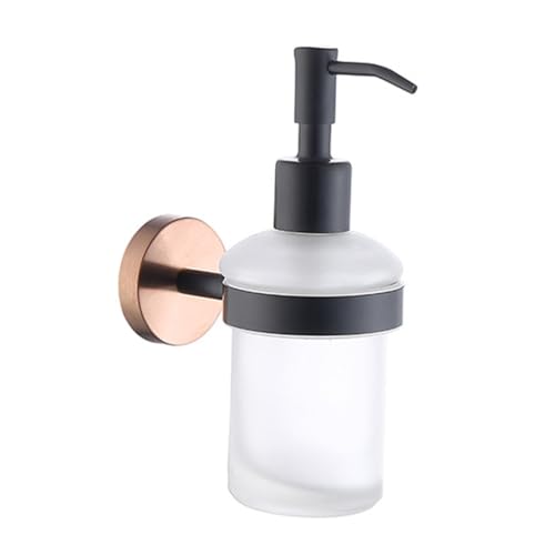 Dispensador de jabón pequeño, oro rosa + negro, latón + vidrio esmerilado, dispensador de jabón con bomba para baño y cocina, montaje en pared
