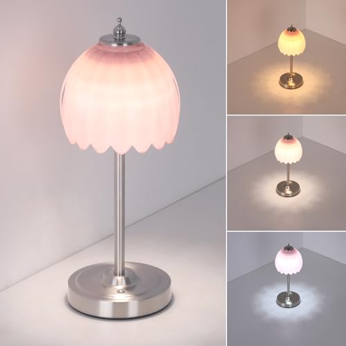 Image of Shenmoyl Rechargeable Table Lamp with 5200mAh Battery & Touch Control - 3 Adjustable Color Temperatures, Cordless Dimmable Table Light for Bedroom, Office Desk, Nightstand (Creamy Pink,Silver Base)