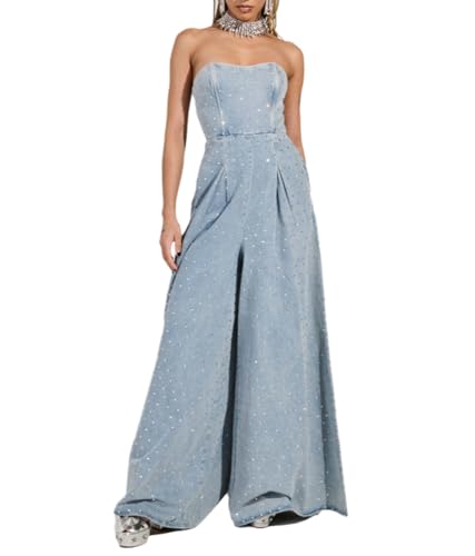 Wuitrie Denim Jumpsuit for Women Rhinestone Pockets Wide Leg One