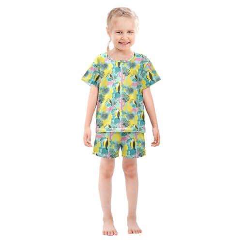 Pink Flamingo Toucan Leave Pajama Set, Short Sleeve Cotton Sleepwear Nightwear3