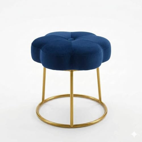 Image of Flower Ottoman Foot Stool for Bedroom and Living Room, Round Makeup Vanity Chair with Metal Legs and Soft Padded Seat-Blue