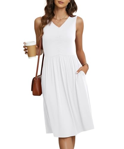 Image of NILOUFO Sleeveless Dress for Women Summer Knee Length Sundress with Pockets | Sundresses for Women Tank Empire Waist Sun Dress Cold Shoulder Casual V Neck Midi Dress Flowy Summer Dresses for Women