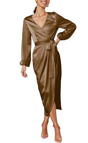 Cosonsen Women's Long Sleeve V-Neck Tie Waist Split Formal Cocktail Wedding Guest Dresses2