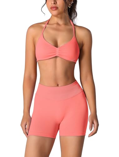 Image of ABOCIW Womens Seamless Workout Sets 2 Piece Strappy Halter Sports Bra Scrunch Butt Shorts Gym Yoga Outfits