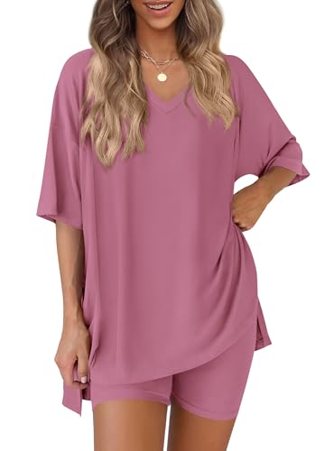 Image of PRETTYGARDEN 2 Piece Sets for Women Summer 2026 Lounge Short Set Spring Matching Biker Shorts V Neck Oversized Shirt Clothing