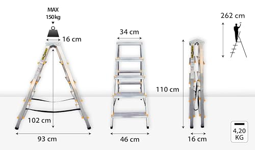 DRABEST Alu Leiter Klappbar Beidseitig Trittleiter 2x5 Stufen Klappleiter bis 150 kg Belastbar Klapptritt Zertifiziert