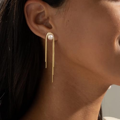 14K Gold/Silver Plated Dangle Earrings for Women Dainty Long Tassel Drop Earrings, Hypoallergenic Dangling Lip Block Snake Chain Leaf Twisted Threader Earrings for Women Jewelry4