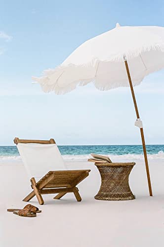 Business & Pleasure Co. Holiday Umbrella - White Boho Beach Umbrella With Fringe - Upf 50+ Blocks 98% Uv - Premium Wood Pole & Aluminum Hinge - Antique White #TOP1