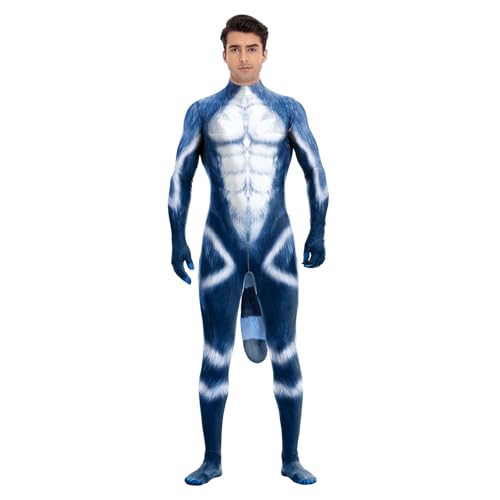 Image of Animal Full Bodysuit for Men Muscle Spandex Jumpsuit Furry Costume with Big Tail for Adult Cosplay Halloween Party