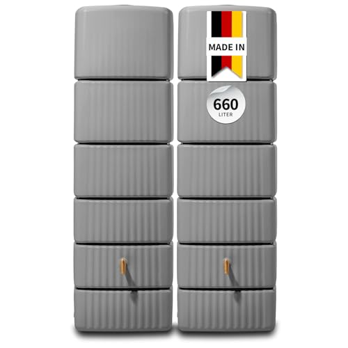 4rain Slim Regentonne Set 660 L, steingrau, 2X Slim 330 L, inkl. Verbinder - Wandtank, Wassertank, Regenfass, Regenwassertonne, Wasserbehälter, Fass, Regenwassertank, Wasserfass, Wassertonne