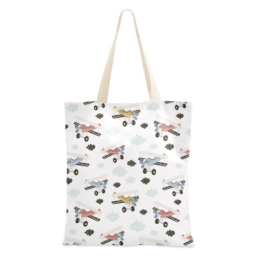 Bolsa de lona con diseño retro de aviones para adolescentes, reutilizable, para compras, comestibles, playa, con asas, para la escuela, picnic, Aviones retro, 15