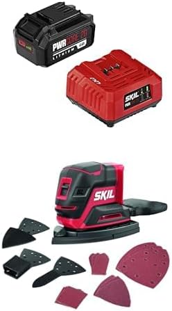Bundle of SKIL PWR CORE 20 20V Battery and Charger Starter Kit Including 4.0 Ah Battery and Standard Charger-CB5196B-11 + SKIL PWR CORE 20 Brushless 20V Compact Multi-Sander Tool Only- SR6607B-00