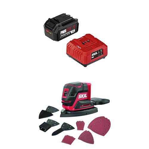 Bundle of SKIL PWR CORE 20 20V Battery and Charger Starter Kit Including 4.0 Ah Battery and Standard Charger-CB5196B-11 + SKIL PWR CORE 20 Brushless 20V Compact Multi-Sander Tool Only- SR6607B-00