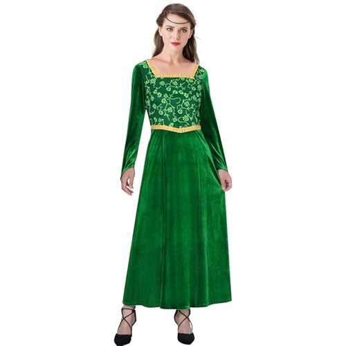 Funhoo Frauen Kleid Prinzessin Kostüm Grün Einteiliges Kleid Samt Langarm Abendkleid für Halloween Party Cosplay Outfit (M)