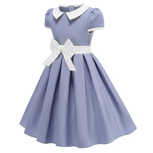 ODIZLI Kids Girls 1950s Retro Vintage Dress Short Puff Sleeve Contrast Panel Swing Party Dresses3