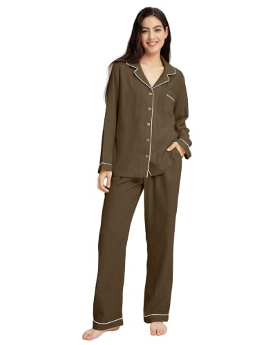 Image of Womens Muslin Pajama Set 100% Cotton Double Gauze Linen Like | Breathable Soft Comfort Button Up Loungewear Sleepwear PJ Set