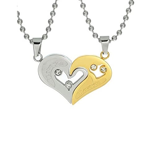 Vin Beauty Lot de 2 colliers de couple en forme de cœur en acier inoxydable avec inscription « I Love You » et strass assortis - Cadeau de Saint-Valentin Cover